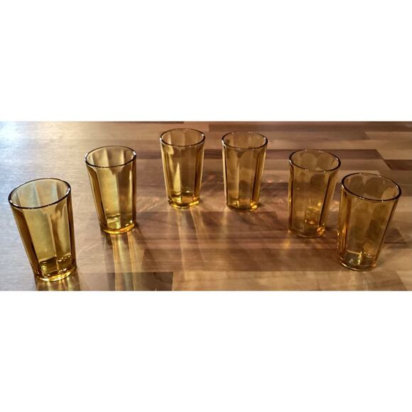 Vtg Hazel Atlas MCM 1960s Amber Glass Panel Optic Juice Tumblers 3.75” Set of 6 - Picture 4 of 9